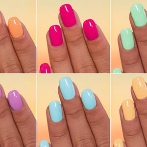 May include: Six images displaying different nail polish colours. The colours include shades of orange, pink, mint green, purple, light blue, and yellow. Each image shows three nails with the same colour.