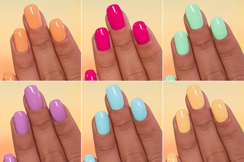 May include: Six images displaying different nail polish colours. The colours include shades of orange, pink, mint green, purple, light blue, and yellow. Each image shows three nails with the same colour.
