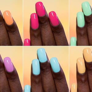 May include: Six images displaying manicured nails in different colours. The colours are orange, pink, green, purple, blue, and yellow. Each image shows a hand with nails painted in a solid, glossy finish.