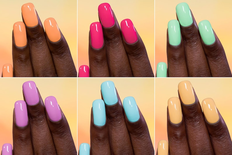 May include: Six images displaying manicured nails in different colours. The colours are orange, pink, green, purple, blue, and yellow. Each image shows a hand with nails painted in a solid, glossy finish.