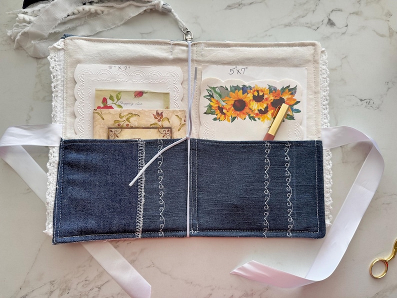 Two Ribbon Journal Fabric Junk Journal Cover, Handmade, Two Pockets, Shabby Chic Denim and ...