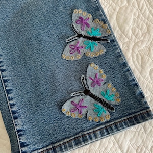Denim Patch, Iron On Raw Edge Hippie Butterfly, hand embroidered, appliqué for clothing, original handmade
