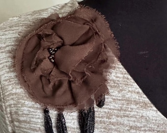 Fabric Flower Corsage, Handmade brown chiffon rag flower pin brooch