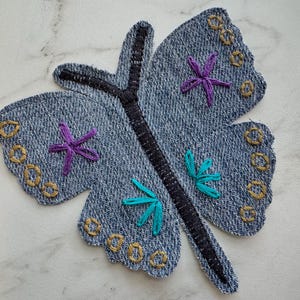 Denim Patch, Iron On Raw Edge Hippie Butterfly, hand embroidered, appliqué for clothing, original handmade