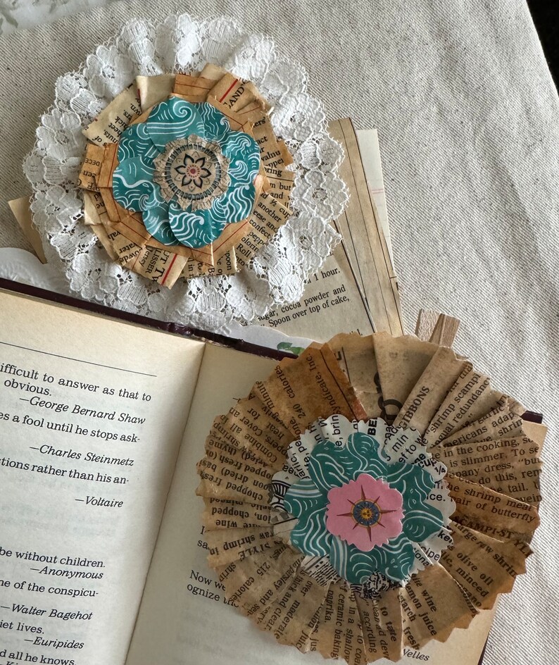 Pair of Paper Mache Flowers, Floral Clip on for Junk Journal or Gift
