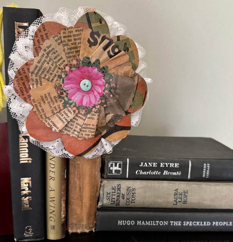 Large Paper Mache Flower Decoupaged Junk Journal Clipon Embellishment