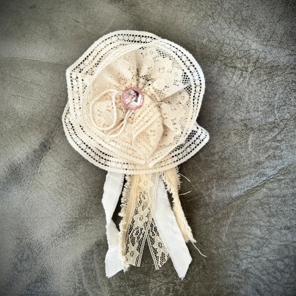 Lace Flower brooch - Beige Scrappy Flower - Journal Embellishment