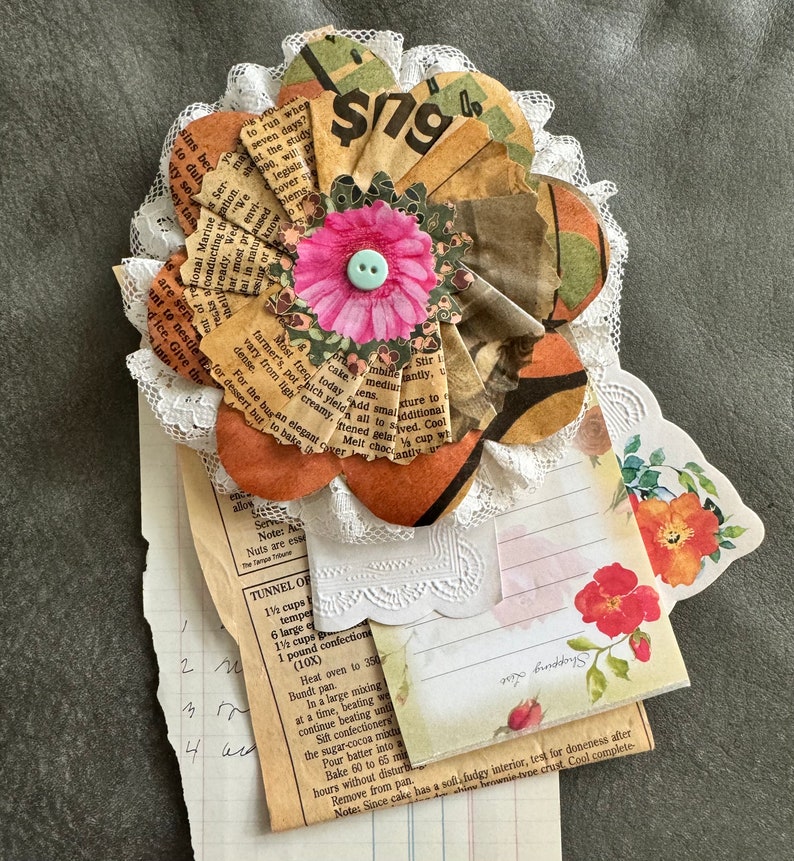 Large Paper Mache Flower Decoupaged Junk Journal Clipon Embellishment