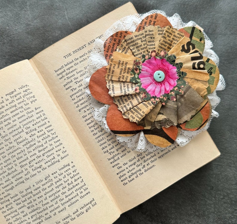 Large Paper Mache Flower Decoupaged Junk Journal Clipon Embellishment