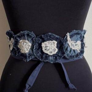 Denim belt, handmade boho hippie, shabby chic, blue jean upcycle, rag flower waist clincher, 1970 Country Western wear, one size fits most