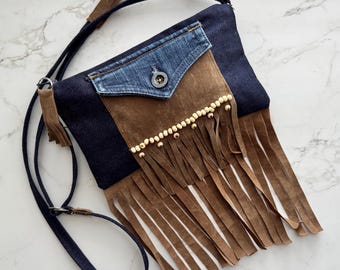 Denim Shoulder Bag with Faux Suede Fringe - Boho Upcycled Jeans Purse - 70’s Style Purse