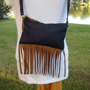 70's Style Fringe Hippie Bag - Denim and Faux Suede Crossbody Bag -