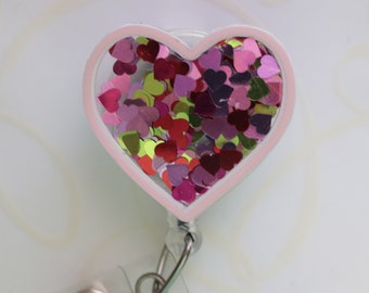 Shaker sparkle heart badge holder, badge reel, retractable badge reel, nurse jewelry, badge clip, badge pull