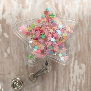 Porta credencial de estrella de confeti, carrete de credencial, carrete de credencial retráctil, joyería de enfermera, clip de credencial, tirador de credencial