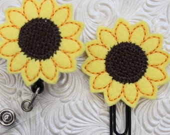 sunny sunflower badge,  planner clip, badge holder, retractable badge reel, id badge reel