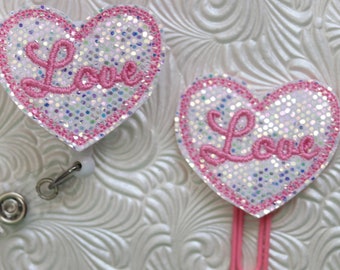 Glitter valentine heart badge holder, planner clip, retractable badge holder, badge pull, badge clip