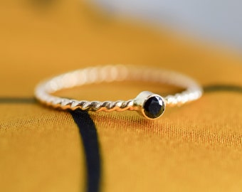 14k SOLID gold little birthstone on a thicker twist rope band/ Stacking ring/ Dainty trendy and elegant jewelry/ Rock Elegance