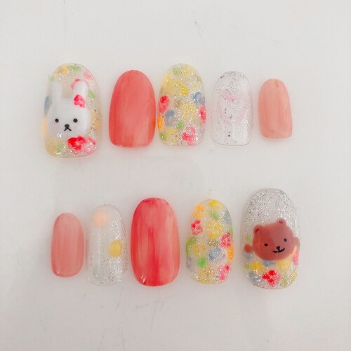 Red Pink Flower Mix Bunny Bear Hand Painted Mix Reusable Nail - Etsy