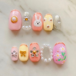 Cute Bunny Flower Hand Painted Mix Reusable Nail L Press on - Etsy