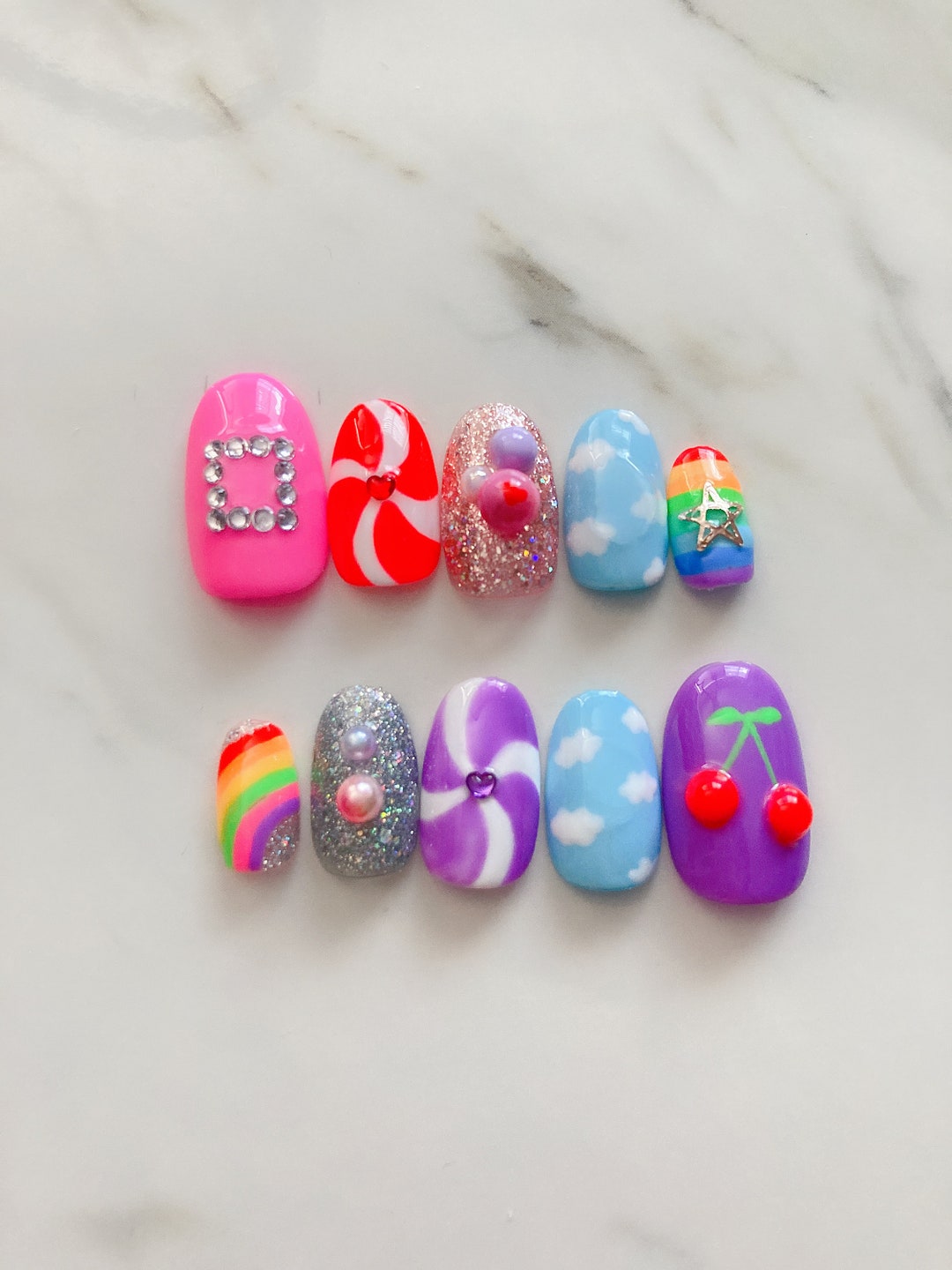 Super Cute Hand Painted Candy Rainbow Cherry Cloud Mix Reusable Nail L ...