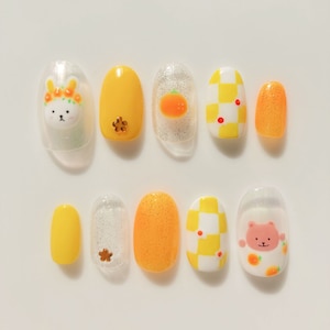 Cute Yellow Orange Bear Bunny Flower Hand Painted Mix Reusable Nail L ...