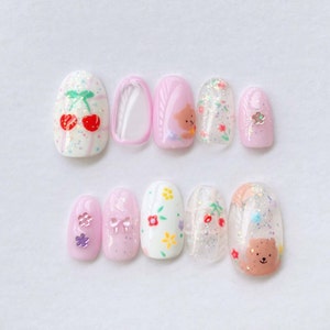 Pink Cherry bear flower spring summer hand painted Mix Reusable Nail l Press on Nails I Fake Nails I False Nails