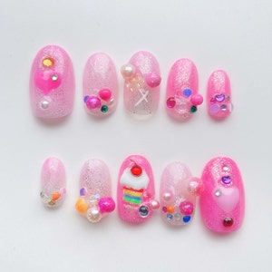 Pink Sweet Lollipop Cupcake candy hand painted Mix Reusable Nail l Press on Nails I Fake Nails I False Nails