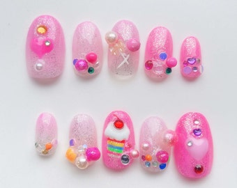 Pink Sweet Lollipop Cupcake candy hand painted Mix Reusable Nail l Press on Nails I Fake Nails I False Nails