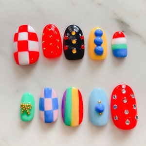 Color Abstract Check Bow Hand Painted Reuseable Nail l Press on Nails I Fake Nails I False Nails