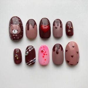 Valentine's Day Special Chocolate Bear Love  Reusable Nail l Press on Nails I Fake Nails I False Nails