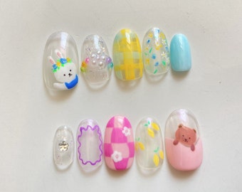 Cute Bunny Flower Hand Painted Mix Reusable Nail L Press on - Etsy