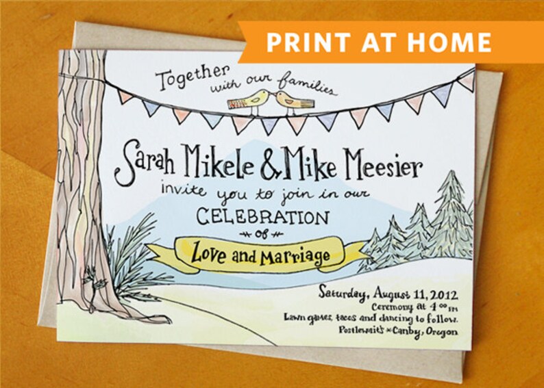 Evergreen in Love: Hand Drawn Wedding Invitation Printable or Woodsy Invite Woodland Invite Perfect DIY Summer Invite Country Invite