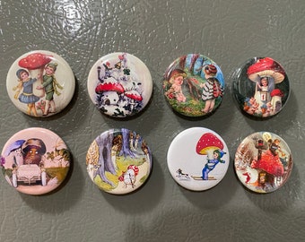 8 Mushrooms Fantasy Buttons or Pinback Buttons, flatbacks, vintage Pictures Gnomes.  You choose the size!