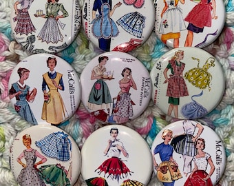 Apron Buttons: Vintage Sewing Pattern Pinbacks, Magnets, Flatbacks