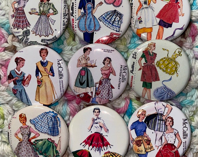 9 Apron Buttons available as pinbacks, flatbacks, magnets, and more.  Many sizes to choose from. Set 2