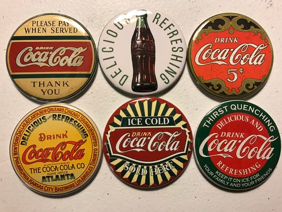 6 Coca Cola pinbacks, flatbacks or magnets Set 1. Choose your size/style.