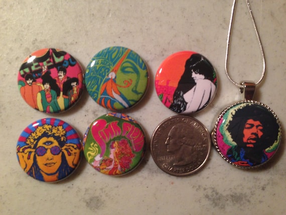 1 Magnetic Interchangeable pendant, with 6 flatback buttons with pictures of 60's Retro, Hippie, Hendrix