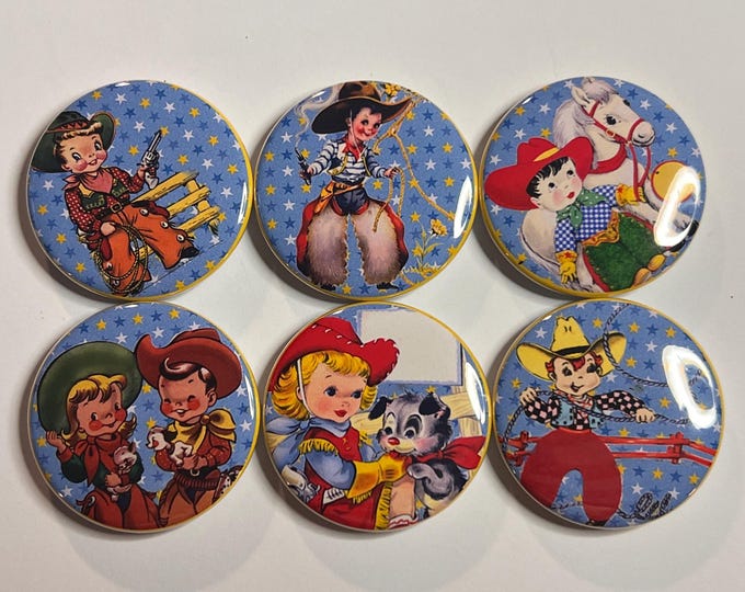 6 Cowboy kids Fridge Magnets, pinbacks, flatbacks and more.  Choose your size/style. (S2)