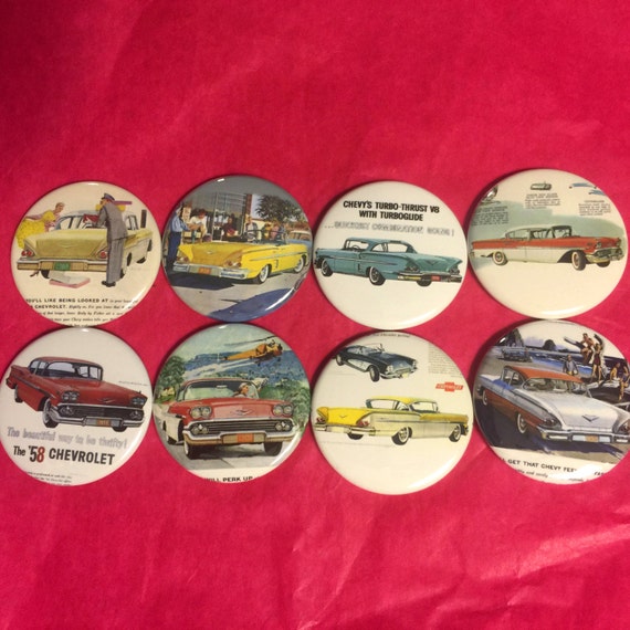 8 1958 Chevy Impala, Brookwood Bel Air Buttons Vintage Retro Set 2 Several Button Sizes and Styles
