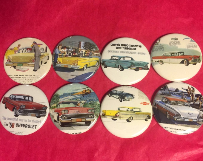 8 1958 Chevy Impala, Brookwood Bel Air Buttons Vintage Retro Set 2 Several Button Sizes and Styles