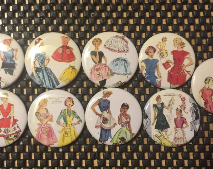 Apron Lady Buttons: Retro Kitchen Pinbacks, Magnets, or Flatbacks - Set 1