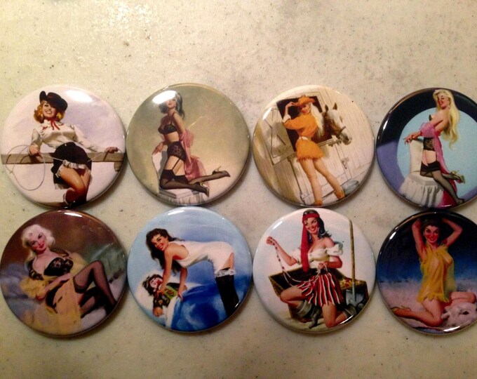 8 Pinup Girl Buttons Vintage Retro (Set 2) Several Button Sizes and Styles to choose from.