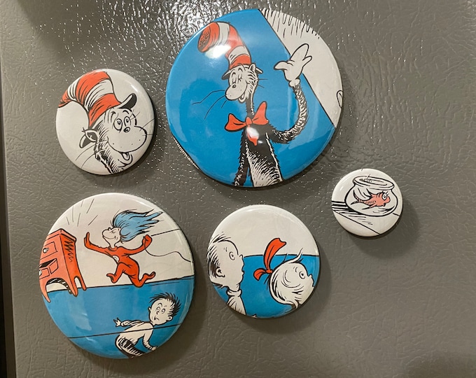 5 The Cat in the Hat magnet buttons, party favors from repurposed book Set 2