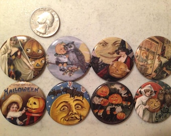 8 Halloween Fridge Magnet buttons, pinbacks, flatbacks Set 1, you choose size and style