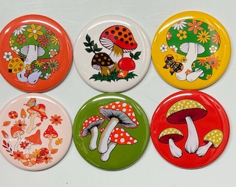 6 Retro Mushrooms pinbacks, flatbacks or magnets and other styles to choose from. Make your choice at checkout.