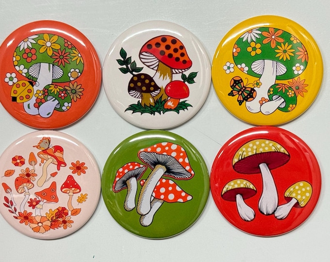 6 Retro Mushrooms pinbacks, flatbacks or magnets and other styles to choose from. Make your choice at checkout.