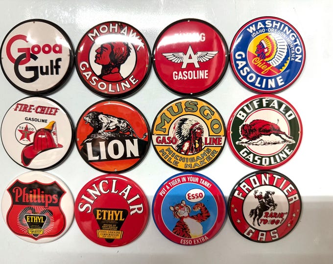 12 Gas Station Sign buttons with pictures of vintage gas station signs