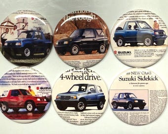 6 Suzuki Sidekick, Fridge magnets, pinbacks or flatbacks. Several sizes to choose from.