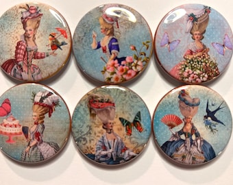 6 Marie Antoinette Shabby Chic Fridge Magnets.  Choose your size/style.