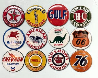 12 Gas Station Sign buttons with pictures of vintage gas station signs
